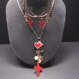 THALIA SODI Gold Tone Old Fashioned Charm Necklace & Hoop Cross Charm Earrings